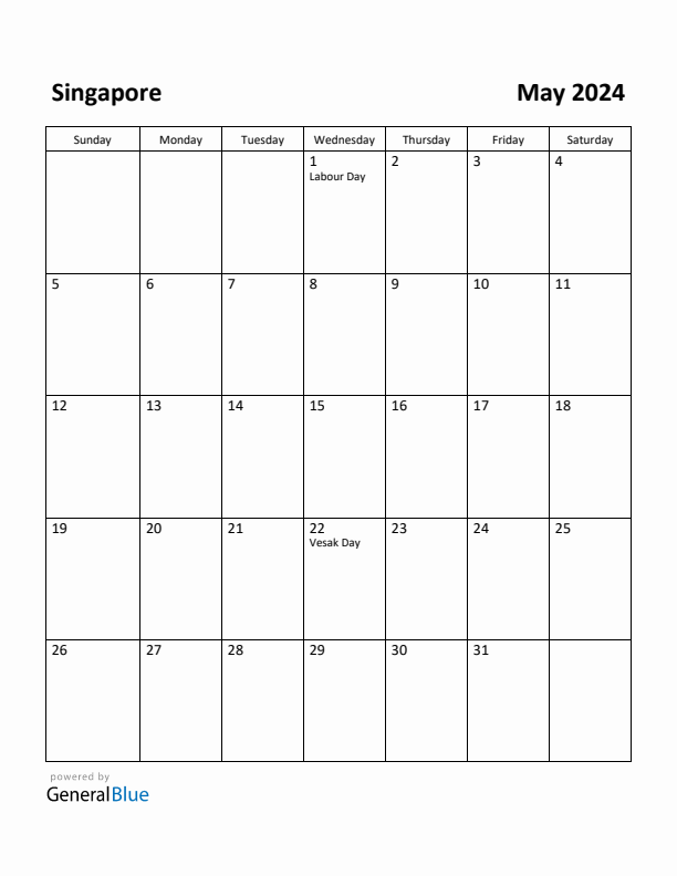 May 2024 Calendar with Singapore Holidays