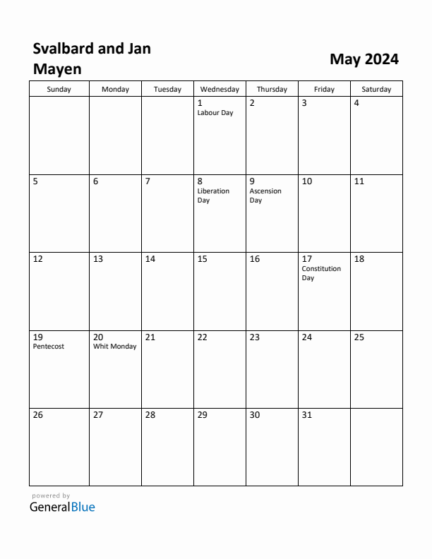 May 2024 Calendar with Svalbard and Jan Mayen Holidays