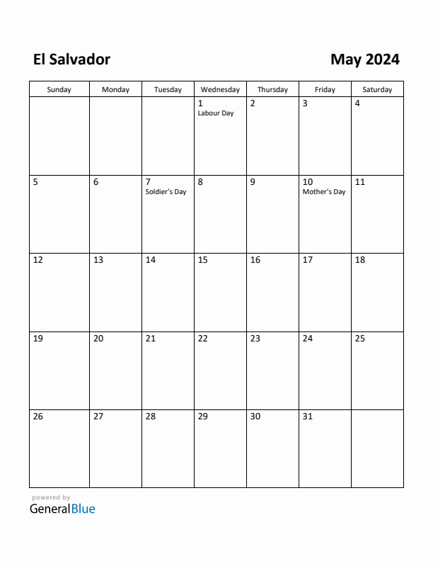 May 2024 Calendar with El Salvador Holidays