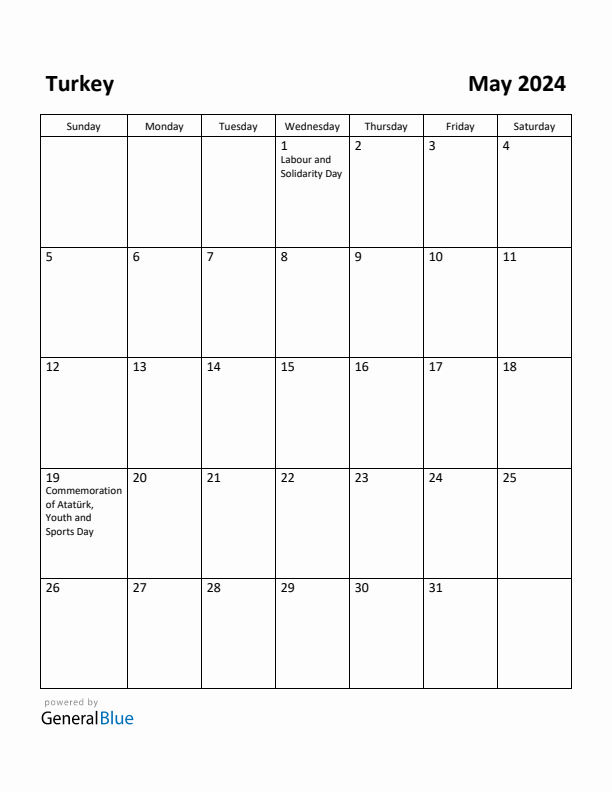 May 2024 Calendar with Turkey Holidays