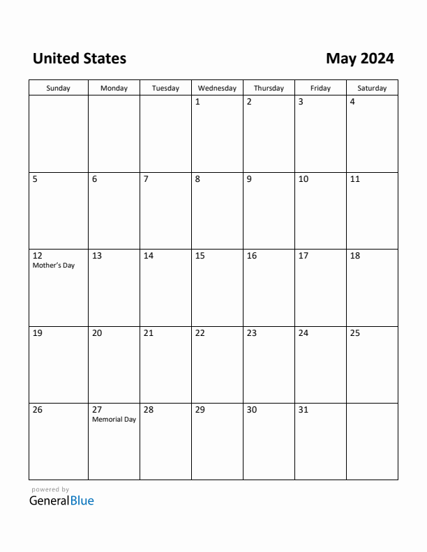 May 2024 Calendar with United States Holidays