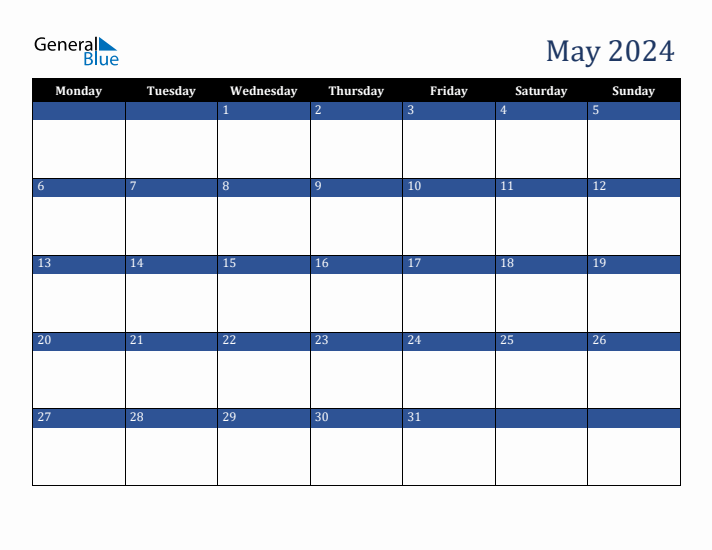 Monday Start Calendar for May 2024