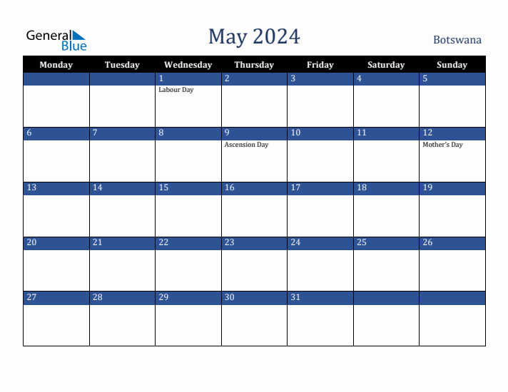 May 2024 Botswana Calendar (Monday Start)