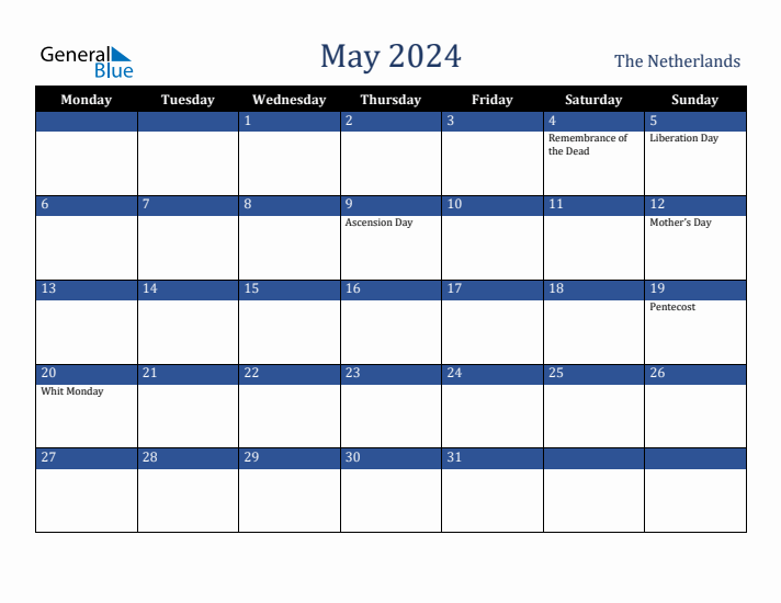 May 2024 The Netherlands Calendar (Monday Start)