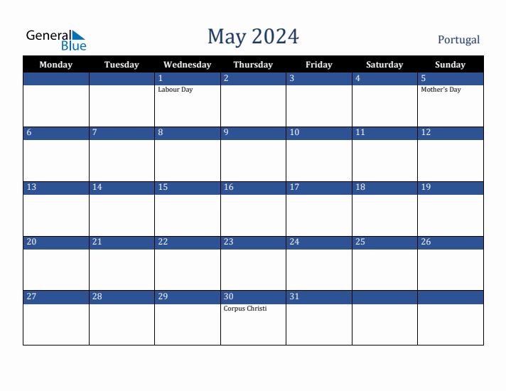 May 2024 Portugal Calendar (Monday Start)