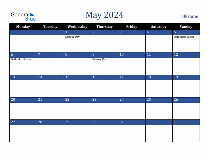 May 2024 Ukraine Calendar (Monday Start)