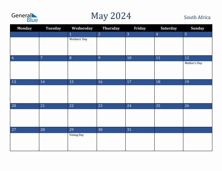 May 2024 South Africa Calendar (Monday Start)