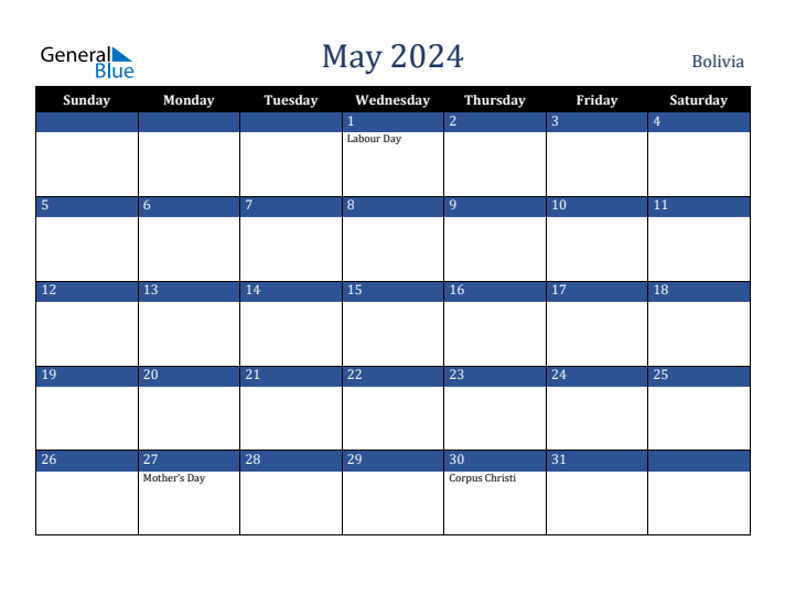 May 2024 Bolivia Calendar (Sunday Start)