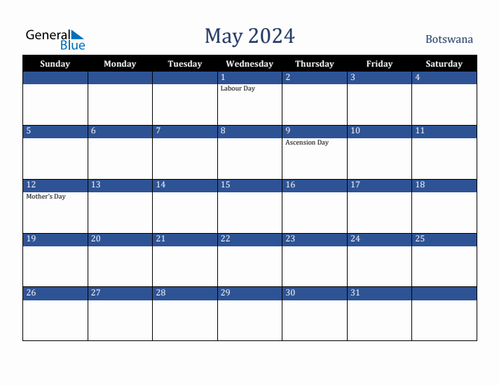 May 2024 Botswana Calendar (Sunday Start)