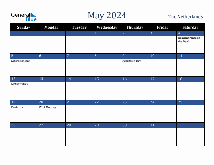 May 2024 The Netherlands Calendar (Sunday Start)