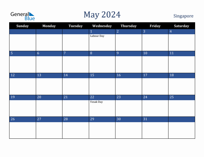 May 2024 Singapore Calendar (Sunday Start)