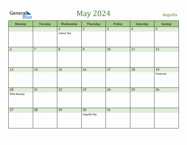 May 2024 Calendar with Anguilla Holidays