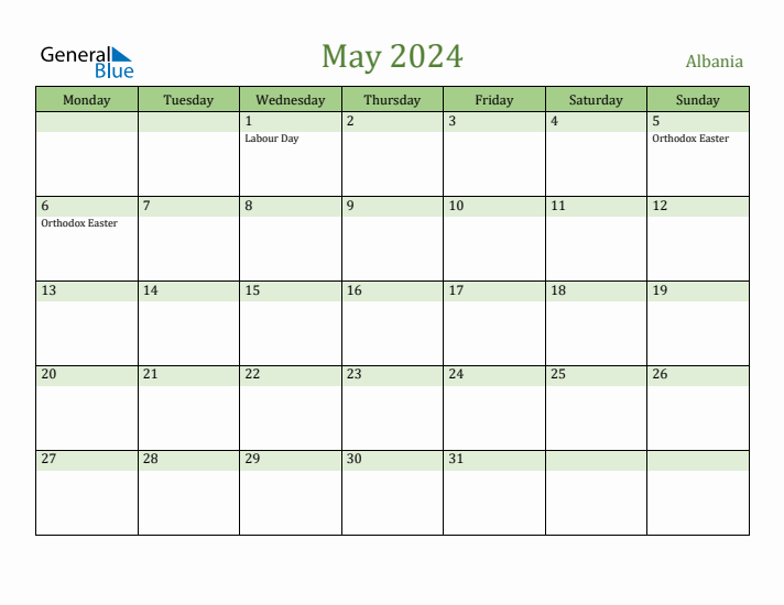 May 2024 Calendar with Albania Holidays