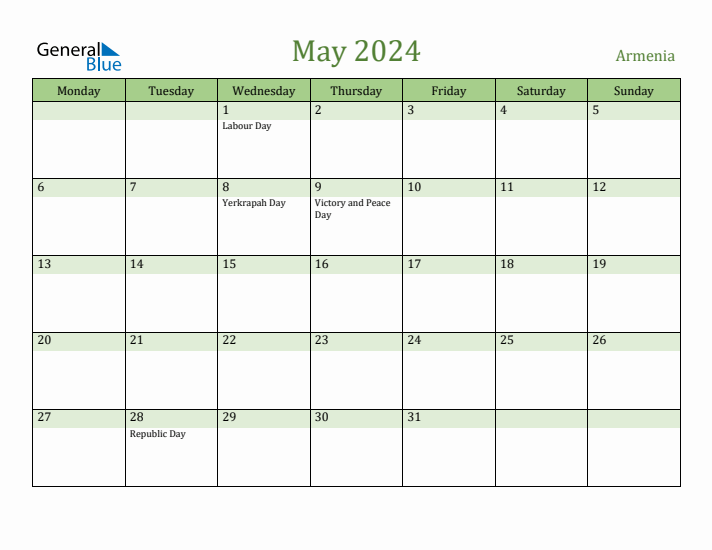 May 2024 Calendar with Armenia Holidays