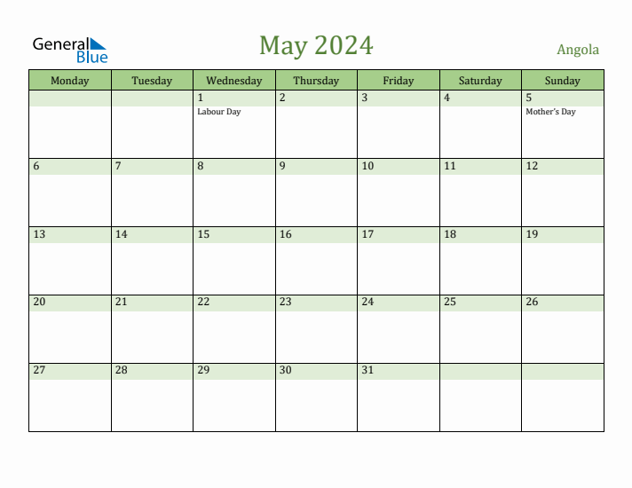 May 2024 Calendar with Angola Holidays