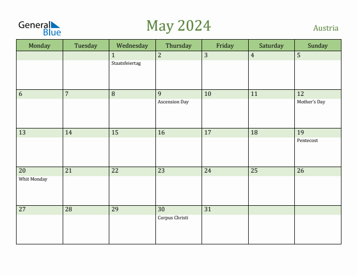 May 2024 Calendar with Austria Holidays