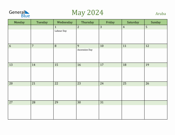 May 2024 Calendar with Aruba Holidays