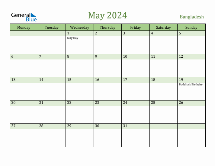 May 2024 Calendar with Bangladesh Holidays