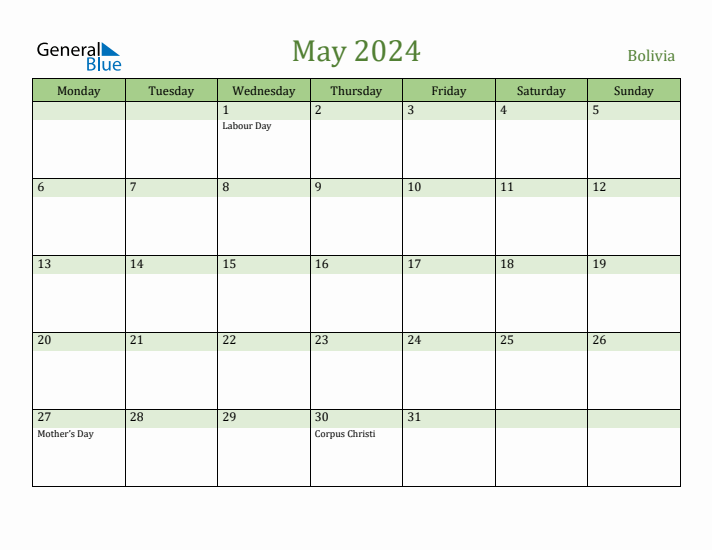 May 2024 Calendar with Bolivia Holidays