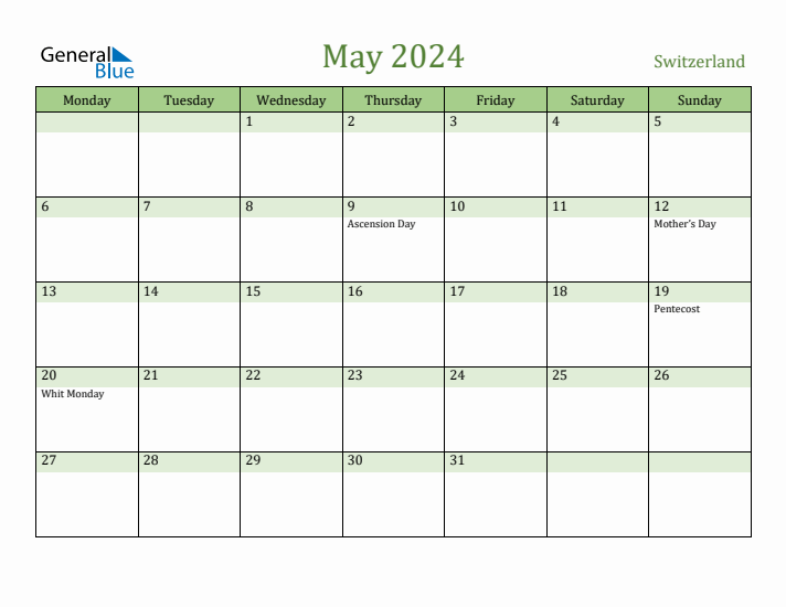 May 2024 Calendar with Switzerland Holidays