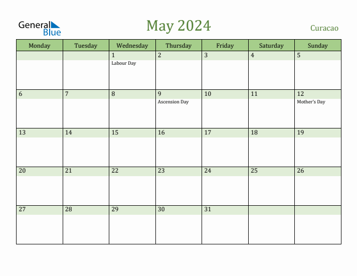 May 2024 Calendar with Curacao Holidays