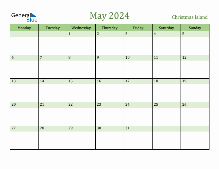 May 2024 Calendar with Christmas Island Holidays