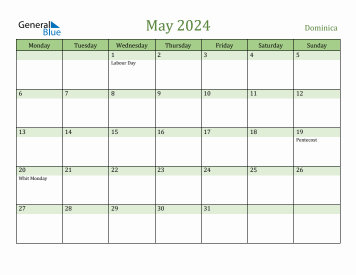 May 2024 Calendar with Dominica Holidays