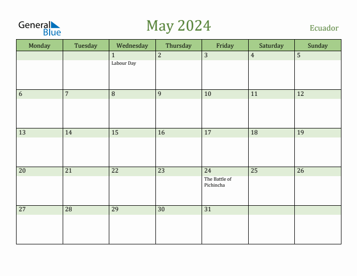 May 2024 Calendar with Ecuador Holidays