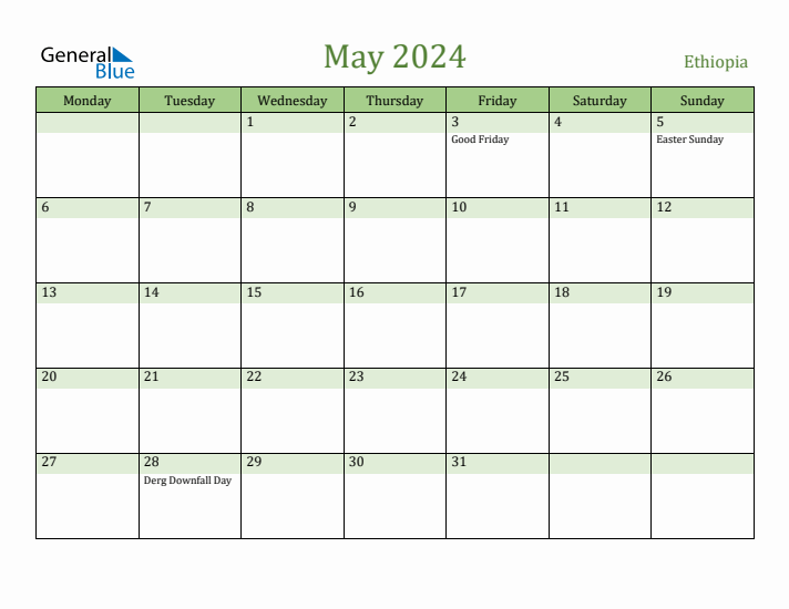 May 2024 Calendar with Ethiopia Holidays