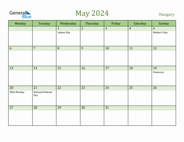 May 2024 Calendar with Hungary Holidays