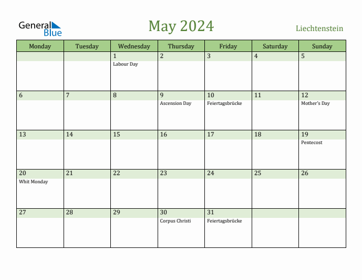 May 2024 Calendar with Liechtenstein Holidays