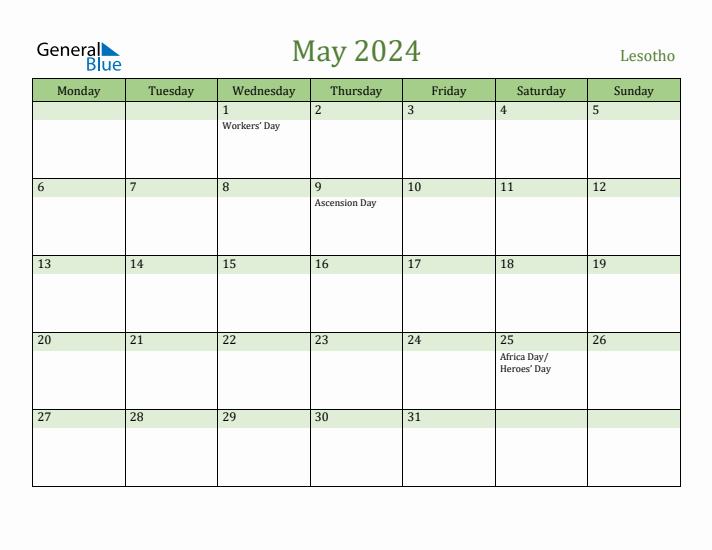 May 2024 Calendar with Lesotho Holidays