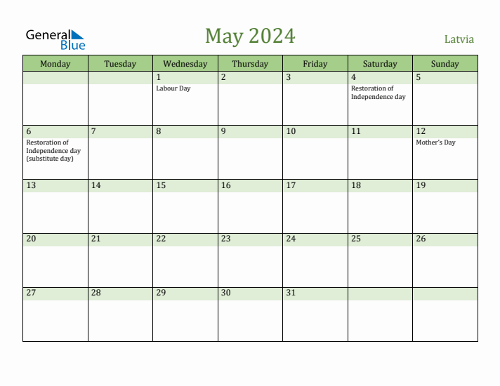 May 2024 Calendar with Latvia Holidays