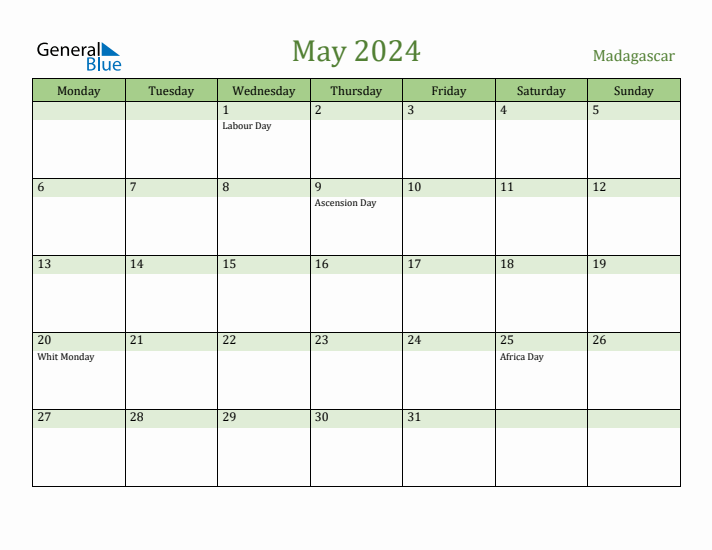 May 2024 Calendar with Madagascar Holidays