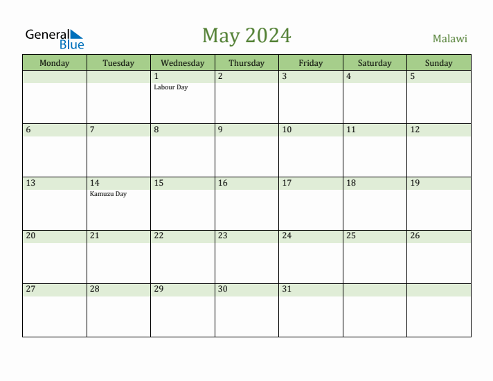 May 2024 Calendar with Malawi Holidays