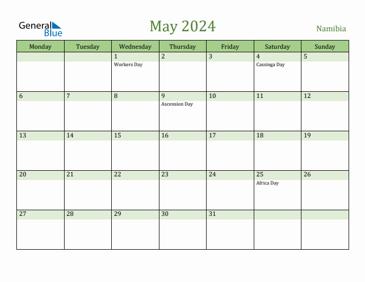 May 2024 Calendar with Namibia Holidays