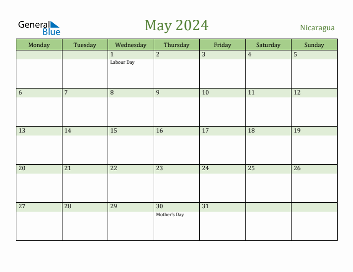 May 2024 Calendar with Nicaragua Holidays