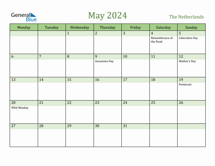 May 2024 Calendar with The Netherlands Holidays