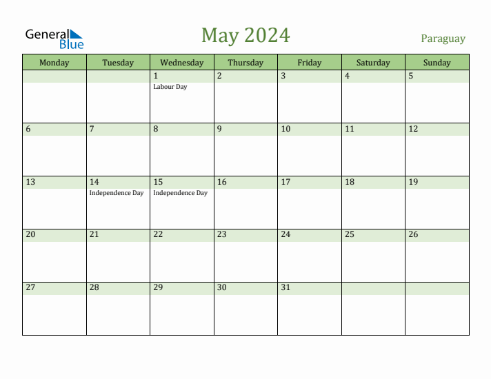 May 2024 Calendar with Paraguay Holidays