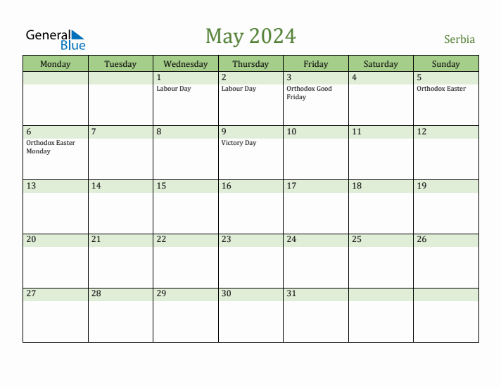 May 2024 Calendar with Serbia Holidays