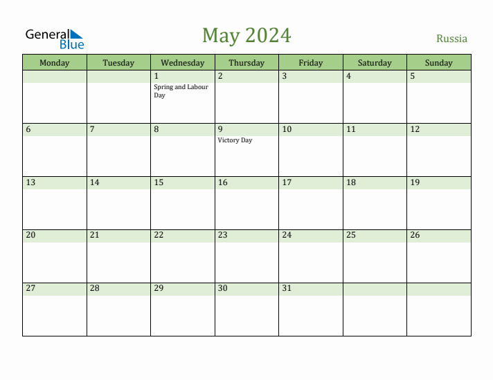 May 2024 Calendar with Russia Holidays