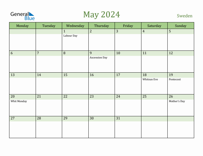 May 2024 Calendar with Sweden Holidays