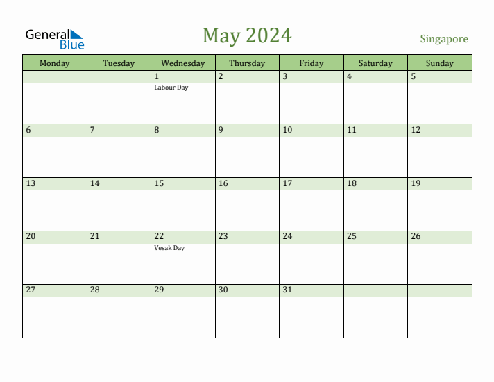 May 2024 Calendar with Singapore Holidays