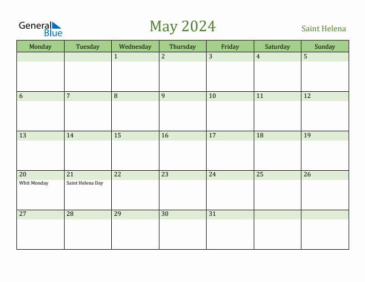 May 2024 Calendar with Saint Helena Holidays