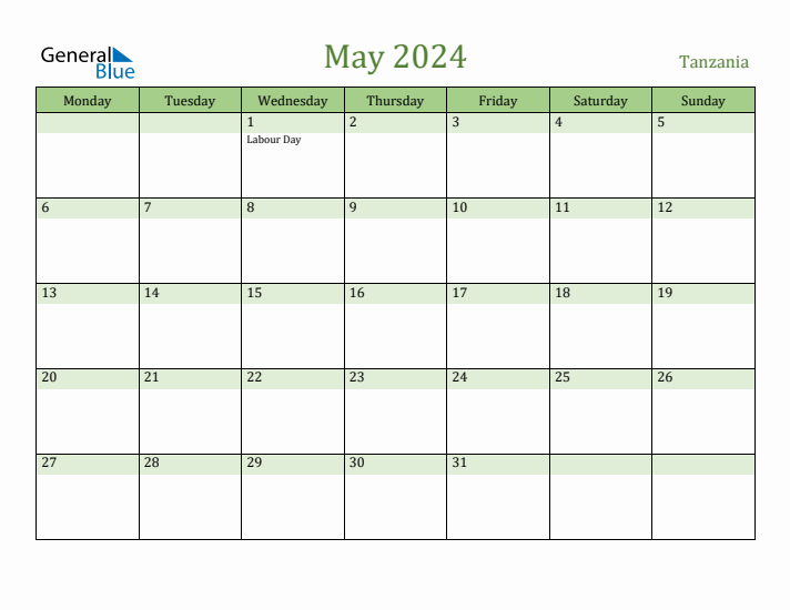 May 2024 Calendar with Tanzania Holidays