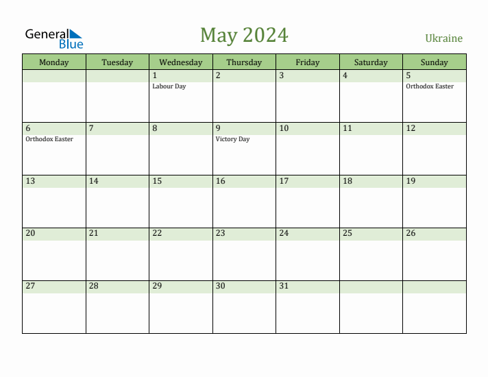 May 2024 Calendar with Ukraine Holidays