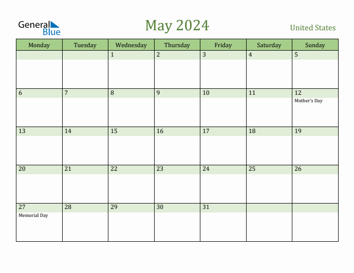 May 2024 Calendar with United States Holidays