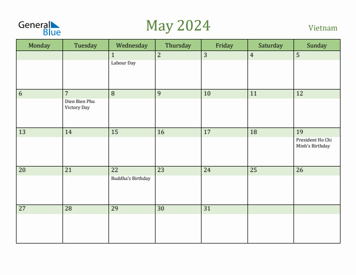 May 2024 Calendar with Vietnam Holidays