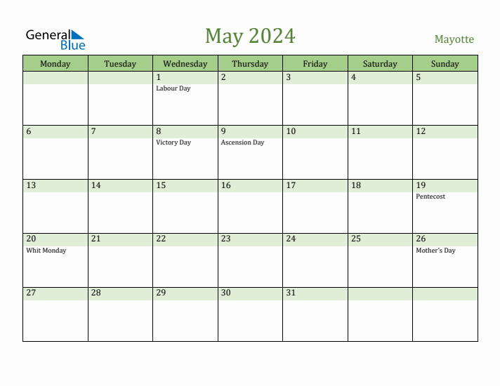 May 2024 Calendar with Mayotte Holidays