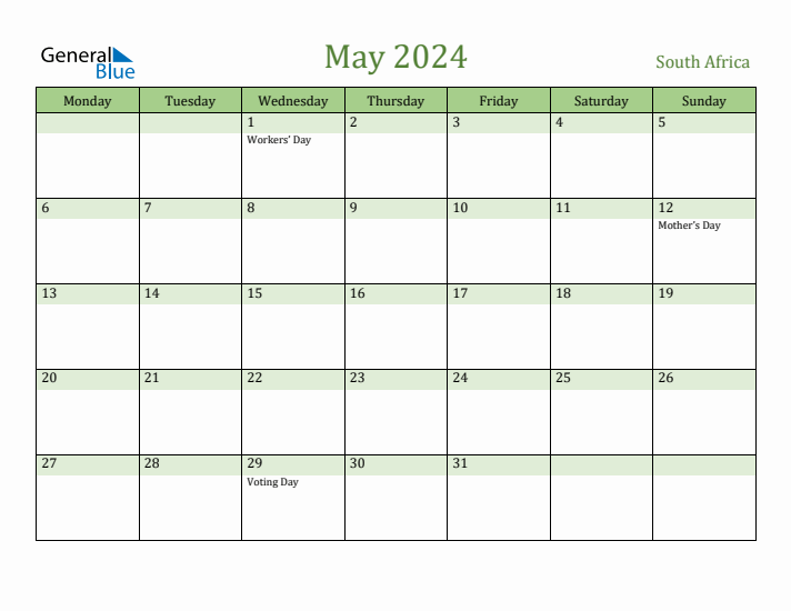 May 2024 Calendar with South Africa Holidays